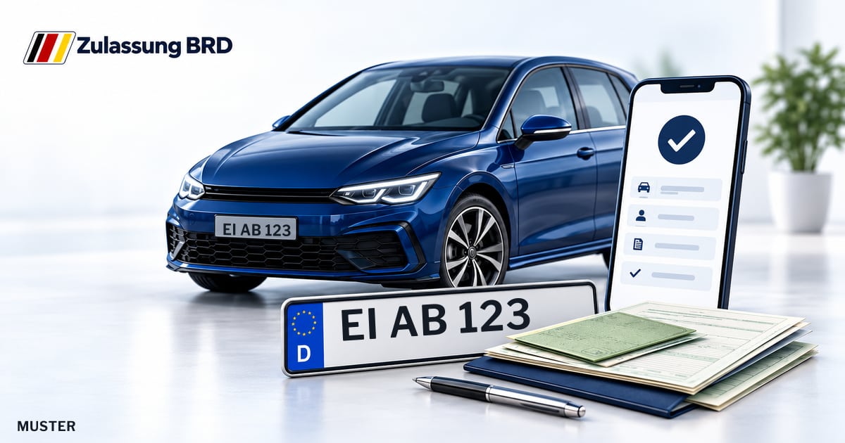 Online Fahrzeugzulassung in Eichstätt: Musterkennzeichen EI AB 123, Auto und Fahrzeugpapiere und Smartphone. Illustration mit Logo von Zulassung BRD.